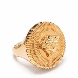 Versace Gold Color Metal Embellished Medusa Head Statement Ring Italy Sz 21